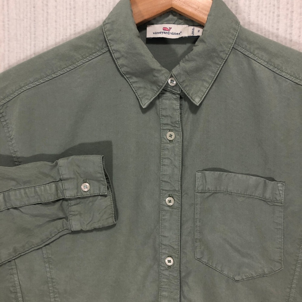 Vineyard Vines Button Down Shirt Green Tencel Lyocell Long Sleeve Pocket Size 2‎